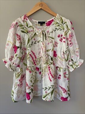 Haver London Floral Boho Cottagecore Tie‎ Front Top XS Flowy White Pink